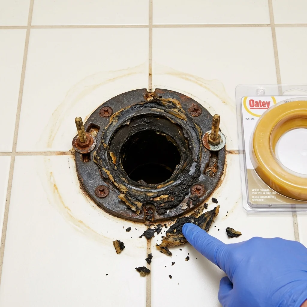 Failed wax ring showing water seepage at the base of a toilet in a Springfield, OH home