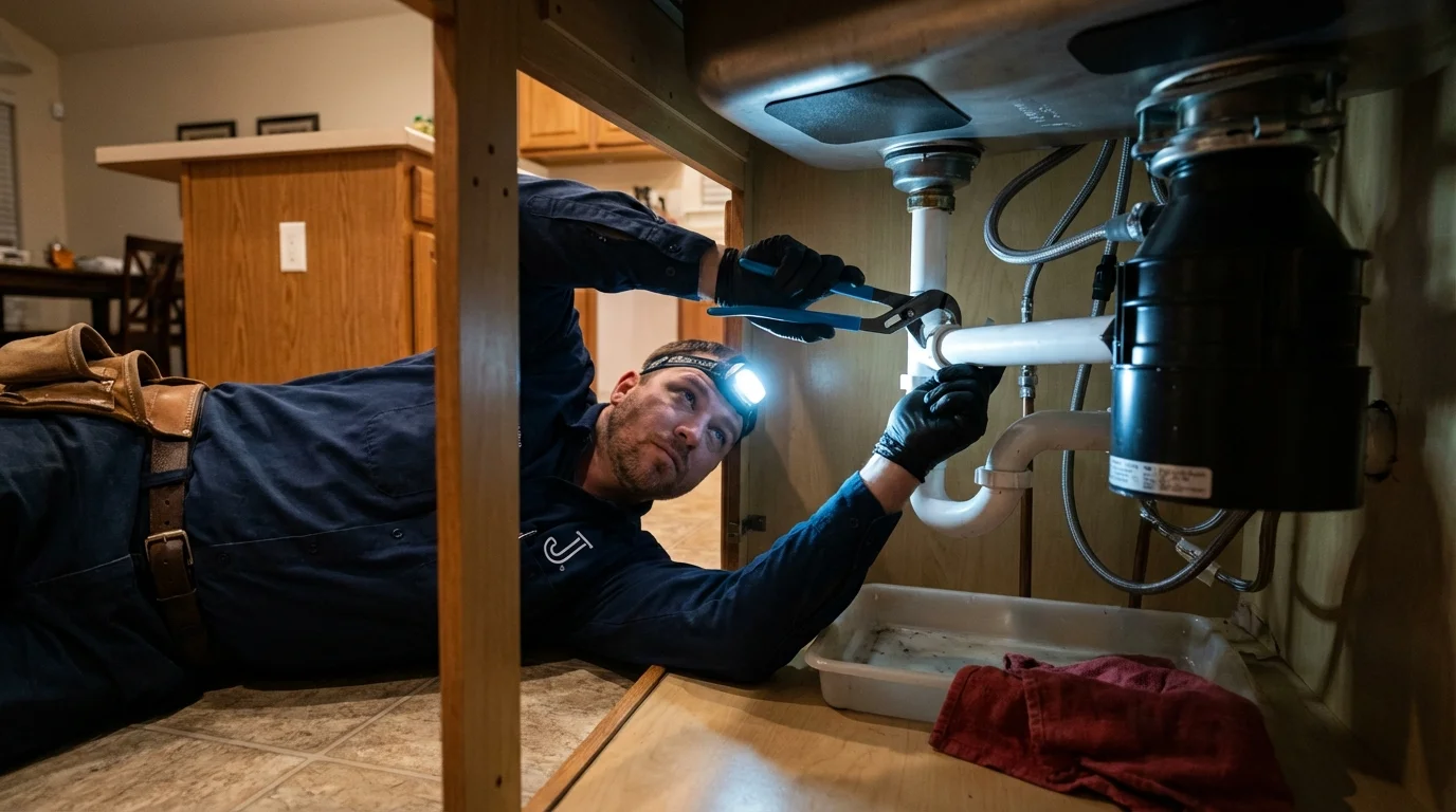 P-trap and supply line connections under a kitchen sink showing a common leak point in Springfield, OH